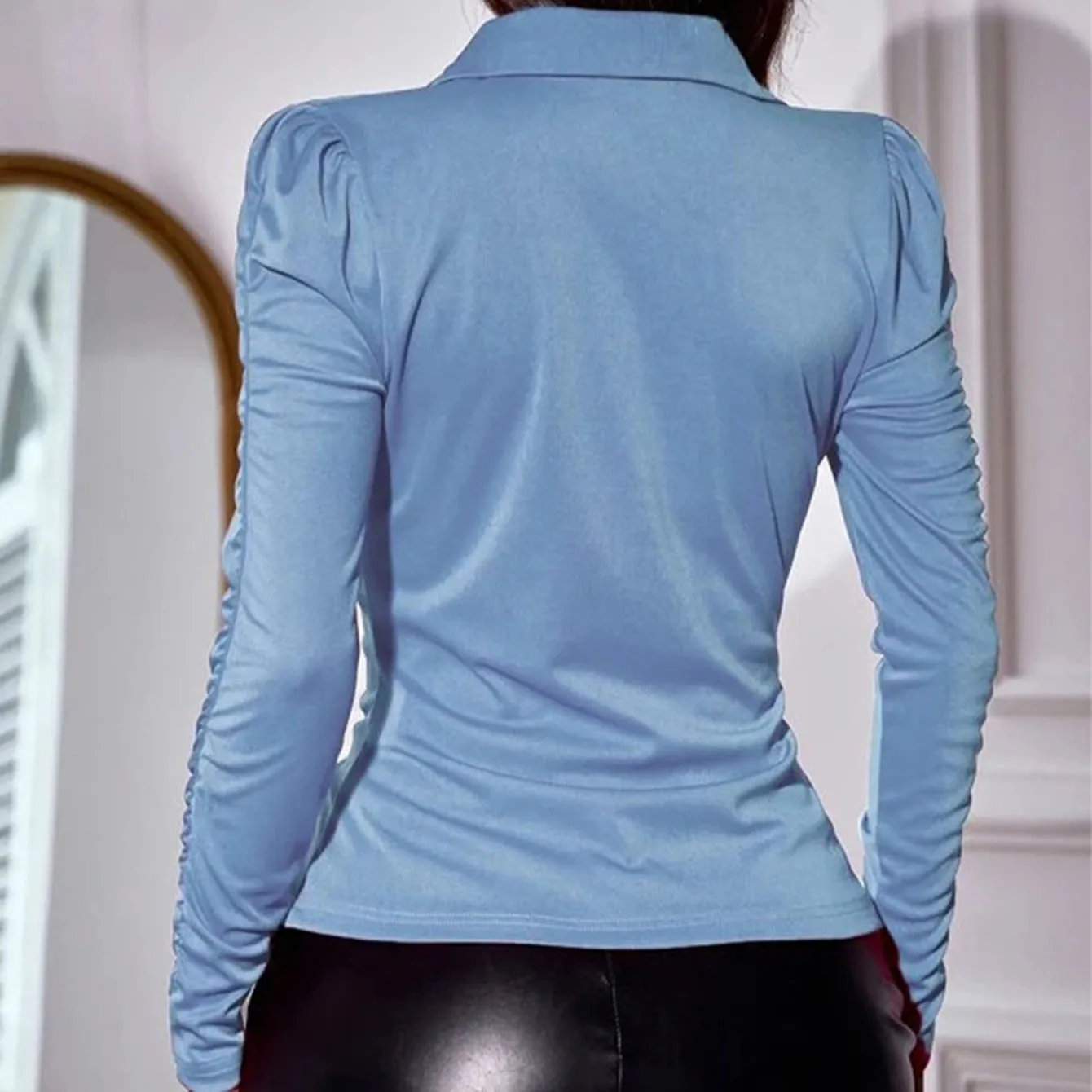 New Sexy Pleated Open Front Collar Polo Lapel Single Button Long Sleeve Women's Fashion Shirt