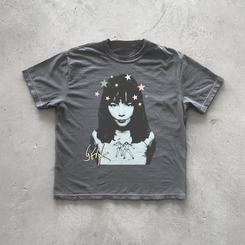 Summer Vintage Unisex Bjork T-Shirt American Hip Hop Rock Street Short Sleeve Men Women Retro High Quality Fashion Top