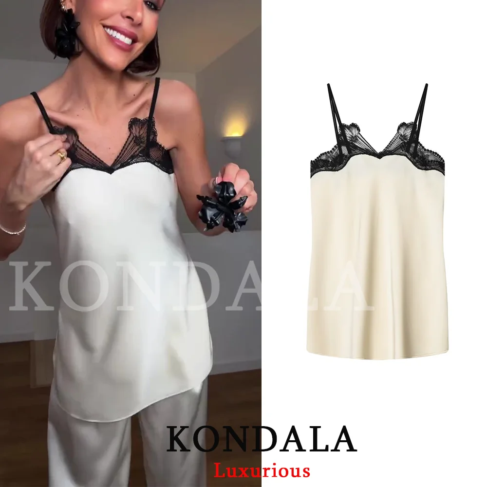 KONDALA Elegant Sexy Chic Women Camis Top Lace Patchwork Party Satin Top Fashion 2026 Spring Summer Holiday Night Out Y2K Top