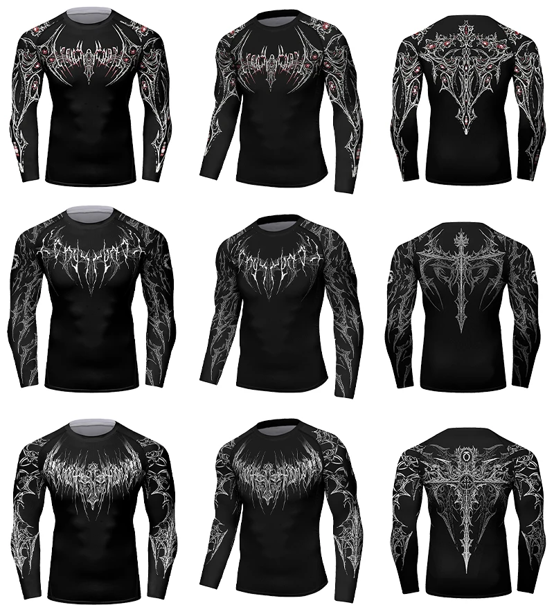 Black Metal New Men's Long Sleeve Compression Shirt Printed Water Sports Rash Protection Quick Dry Base Sports Workout Gym Shirt