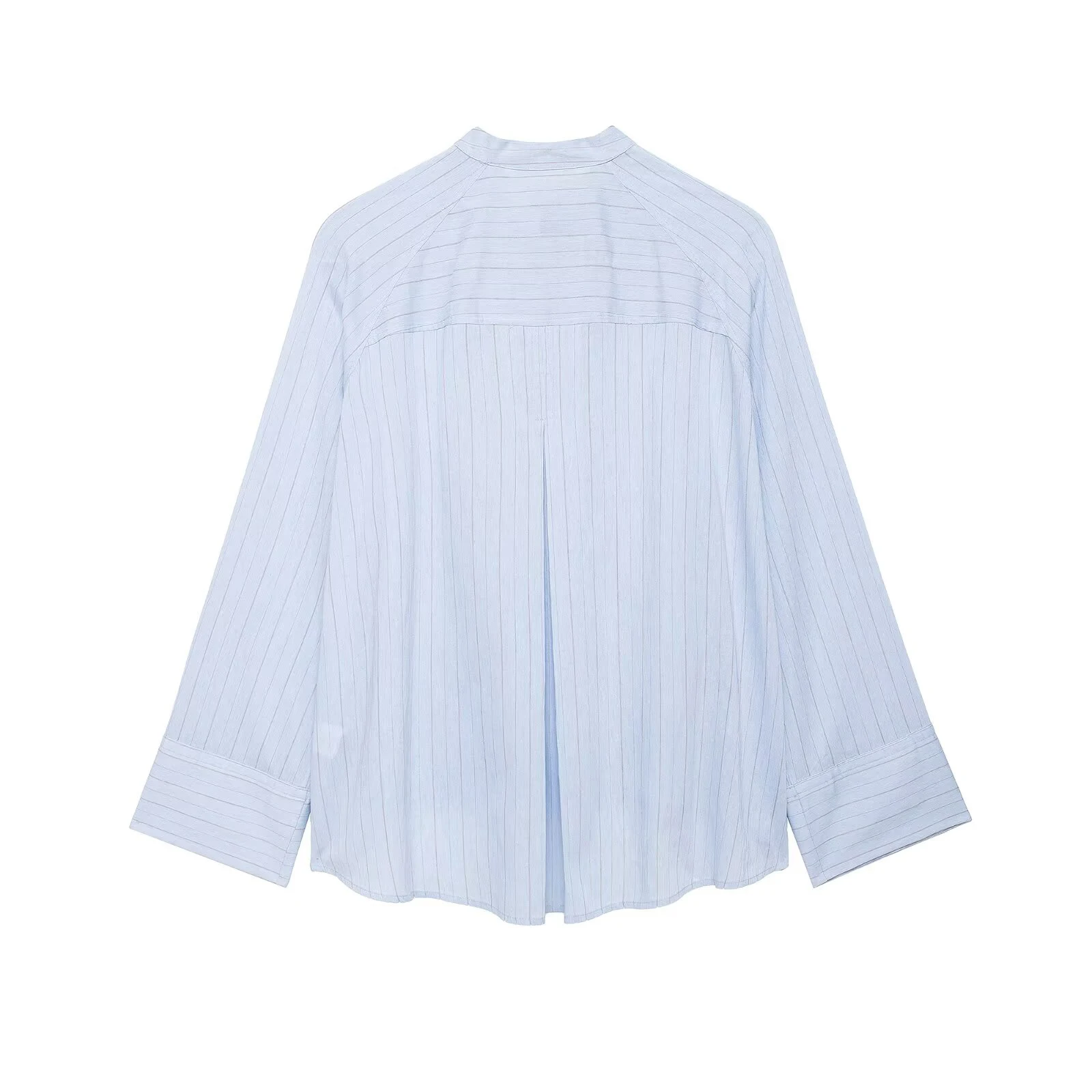 Spring and summer new women's clothing French round neck long sleeved asymmetrical hem flip chest pocket striped shirt