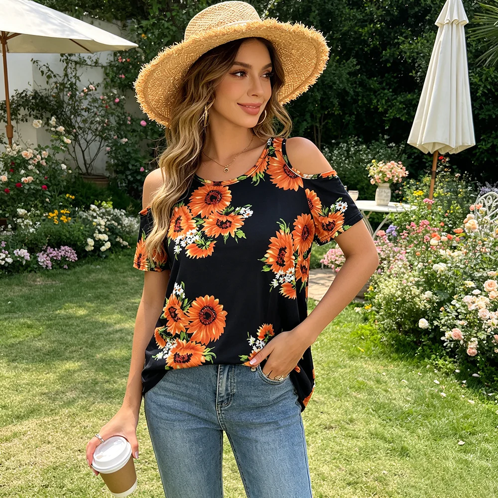 Women's Sunflower Print Cold Shoulder Top, Casual Loose Fit Short Sleeve T-Shirt, Floral Summer Blouse for Daily Wear