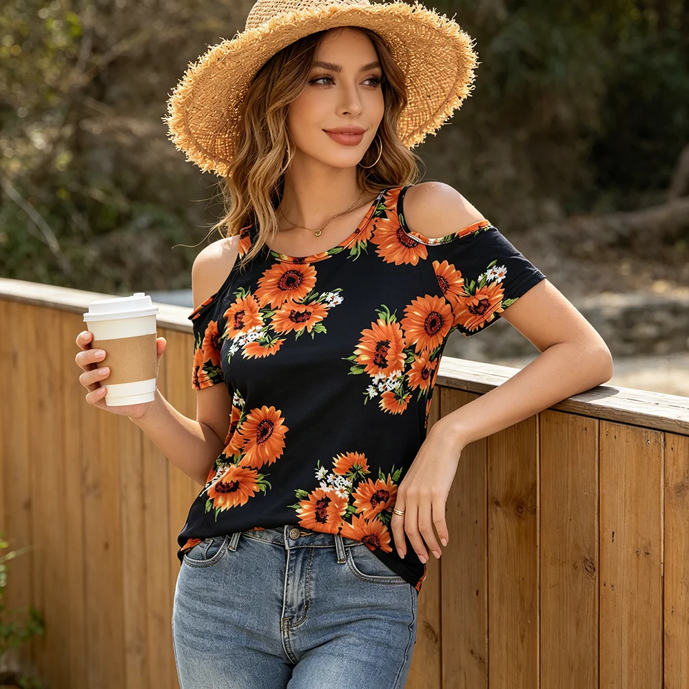 Women's Sunflower Print Cold Shoulder Top, Casual Loose Fit Short Sleeve T-Shirt, Floral Summer Blouse for Daily Wear