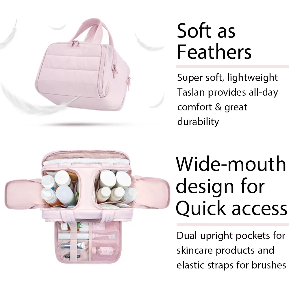 Large Travel Makeup Bag 180° Wide Opening Toiletry Organizer Water-Resistant Padded Cosmetic Case With Handle For Full-Size Bott