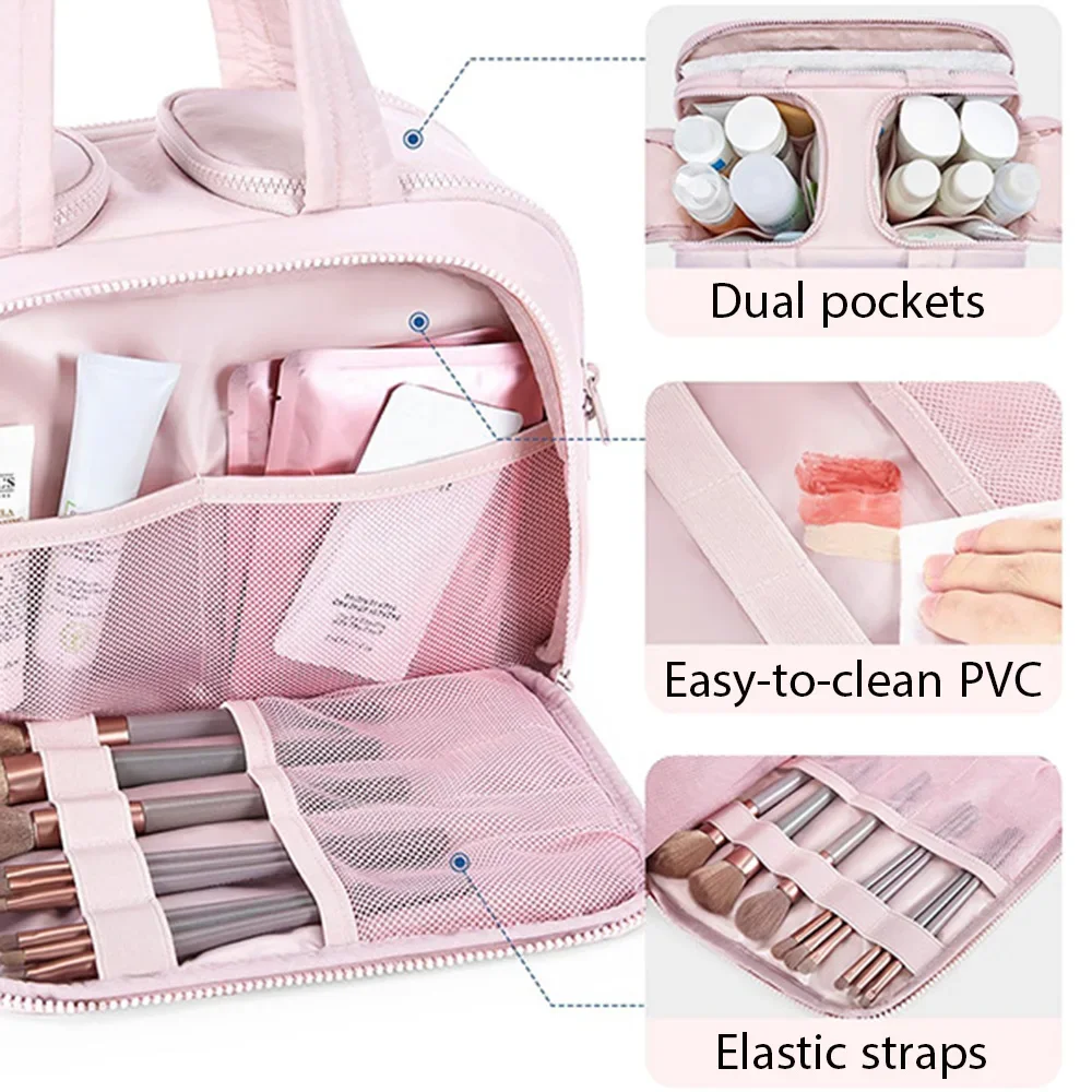 Large Travel Makeup Bag 180° Wide Opening Toiletry Organizer Water-Resistant Padded Cosmetic Case With Handle For Full-Size Bott