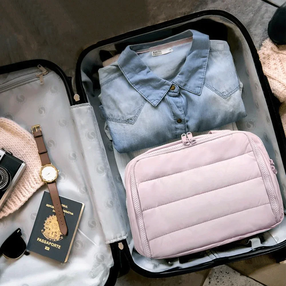Large Travel Makeup Bag 180° Wide Opening Toiletry Organizer Water-Resistant Padded Cosmetic Case With Handle For Full-Size Bott