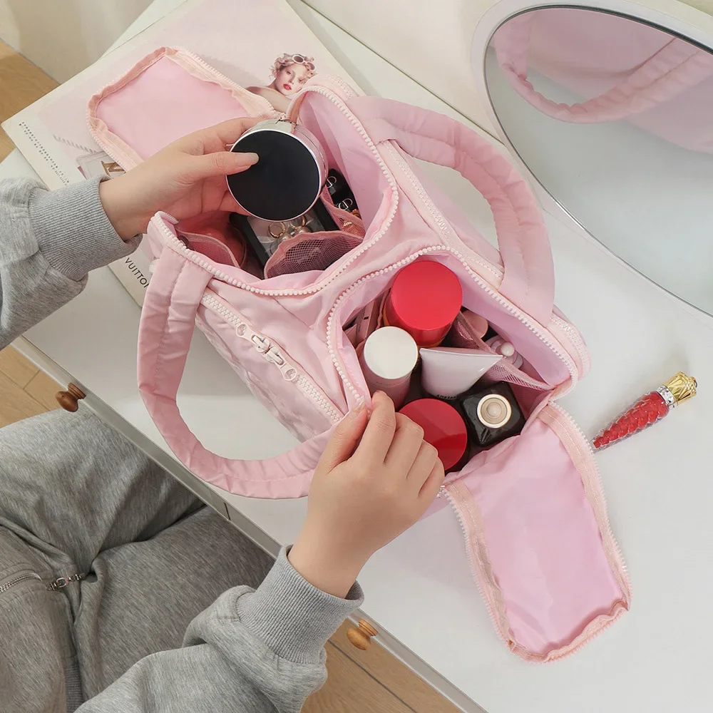 Large Travel Makeup Bag 180° Wide Opening Toiletry Organizer Water-Resistant Padded Cosmetic Case With Handle For Full-Size Bott