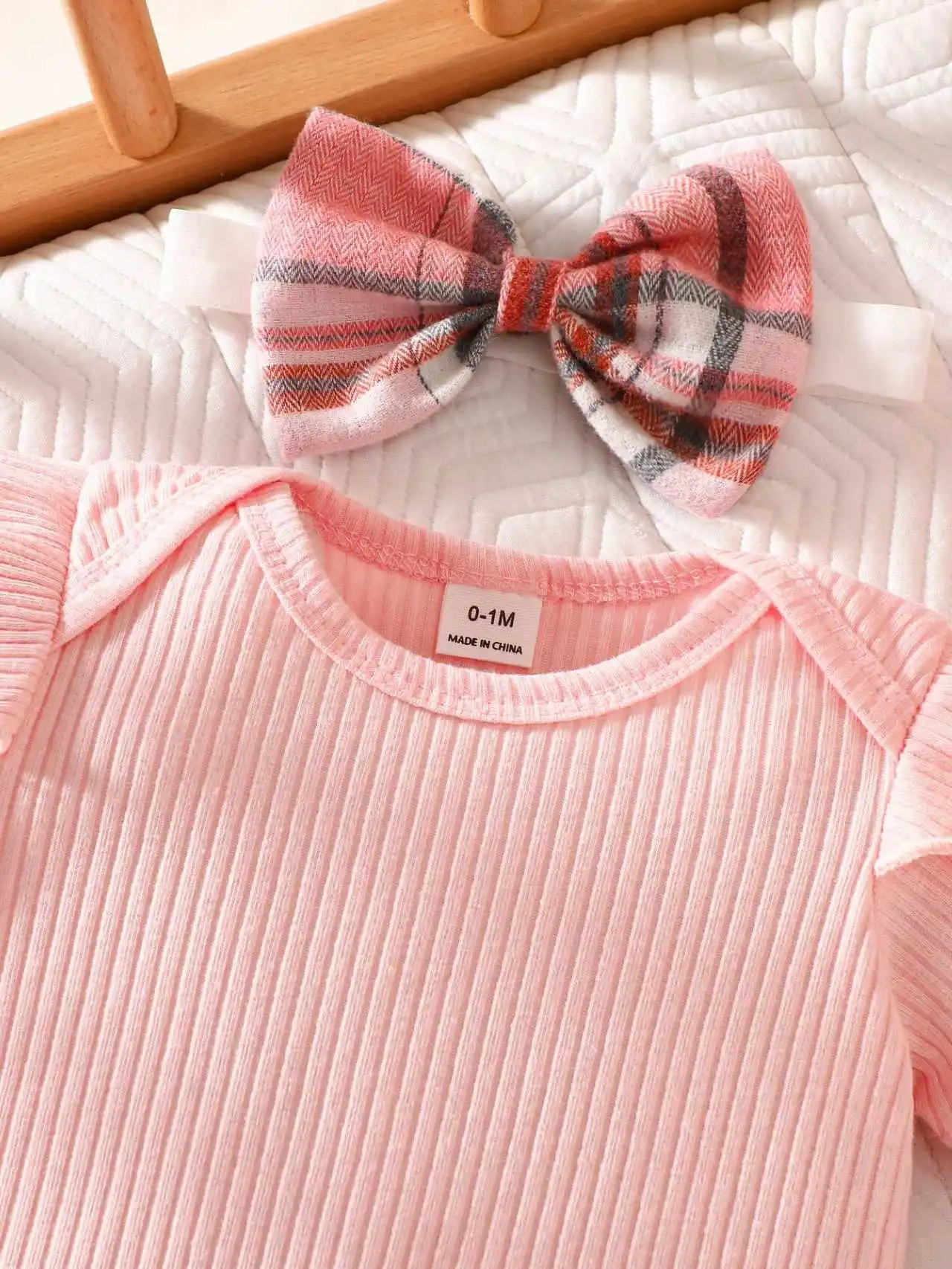 Summer newborn baby girl short sleeved jumpsuit paired with cartoon plaid shoulder strap skirt, headband three piece set