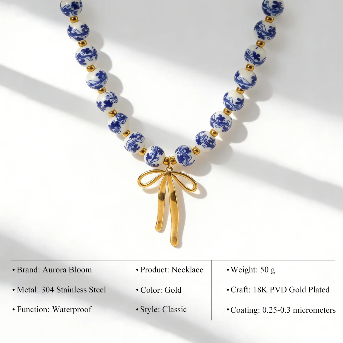AURORA Vintage Ceramics Beaded String Chain Necklaces For Women's Stainless Steel Bow Pendant Necklace Women's Choker Necklace