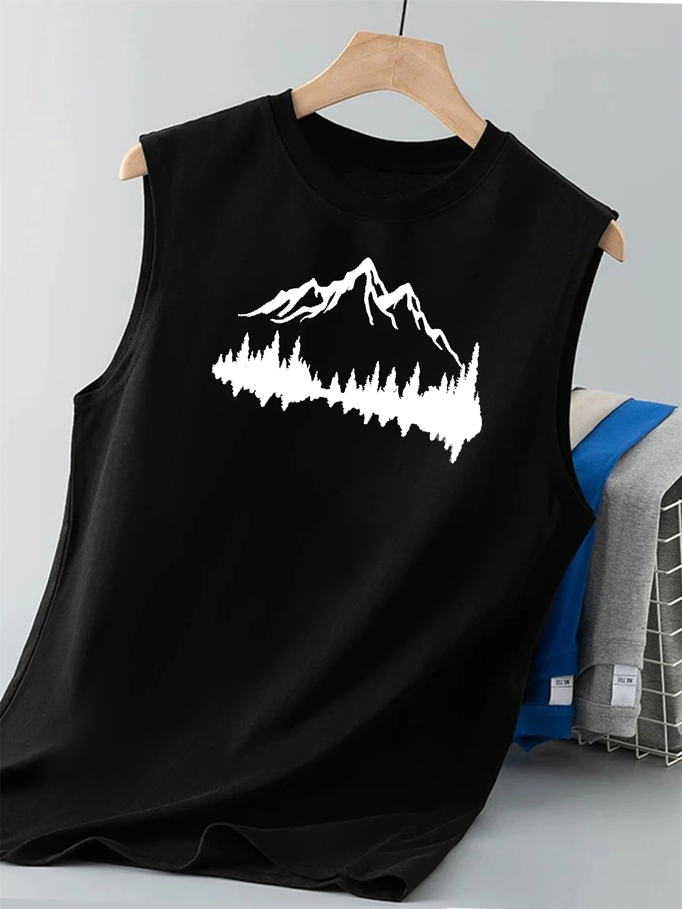 100% Pure Cotton Men's Summer Fashionable Casual Loose Mountain Reflection Printed Fitness Breathable Round Neck Sleeveless Vest