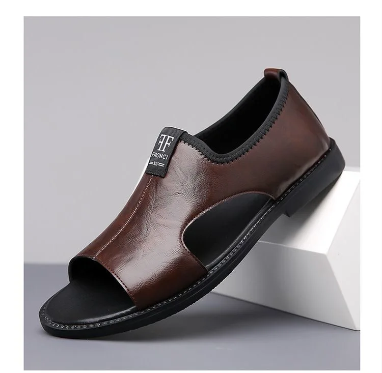 New Style Perforated, Breathable and Anti-Slip Outerwear Casual Leather Slip-On Sandals for Men Size 48 Large Size