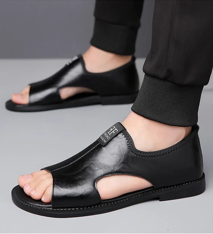 New Style Perforated, Breathable and Anti-Slip Outerwear Casual Leather Slip-On Sandals for Men Size 48 Large Size