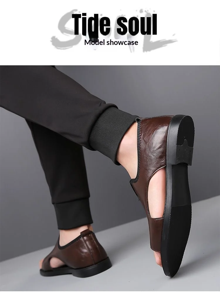 New Style Perforated, Breathable and Anti-Slip Outerwear Casual Leather Slip-On Sandals for Men Size 48 Large Size