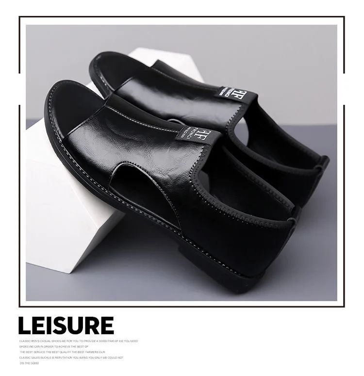 New Style Perforated, Breathable and Anti-Slip Outerwear Casual Leather Slip-On Sandals for Men Size 48 Large Size