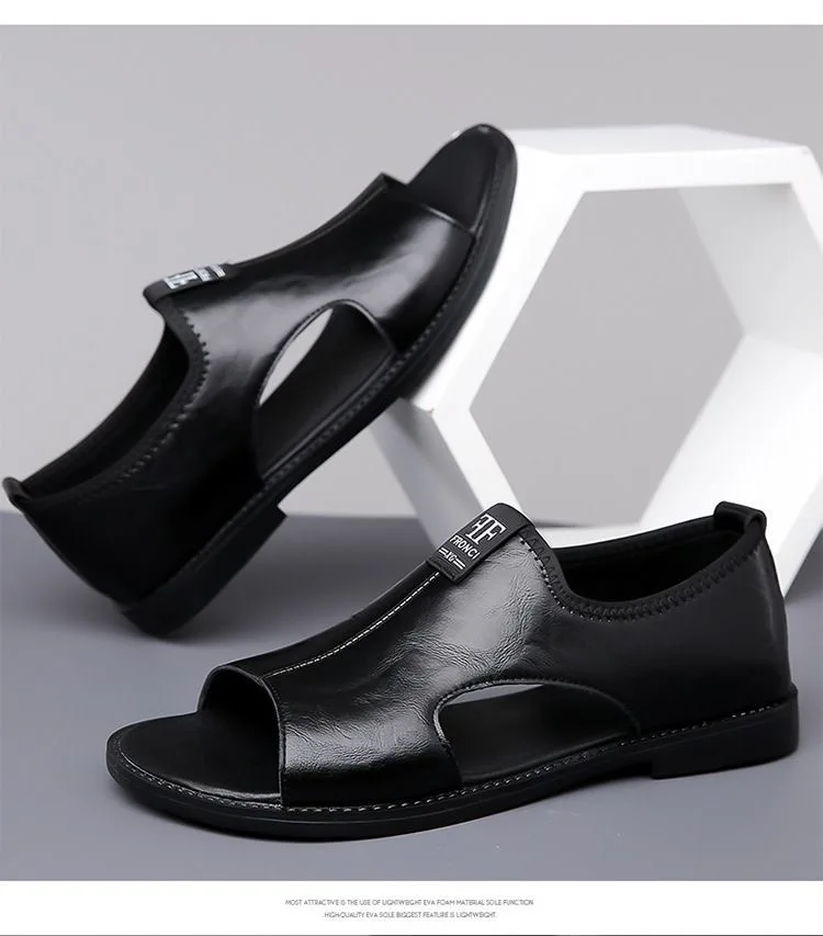 New Style Perforated, Breathable and Anti-Slip Outerwear Casual Leather Slip-On Sandals for Men Size 48 Large Size