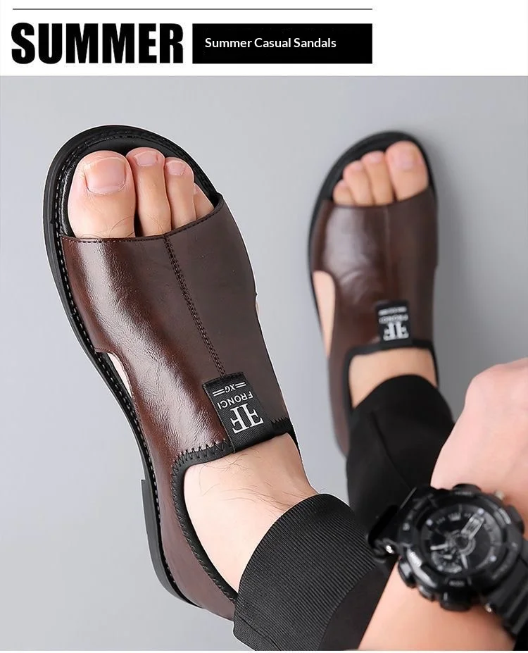 New Style Perforated, Breathable and Anti-Slip Outerwear Casual Leather Slip-On Sandals for Men Size 48 Large Size