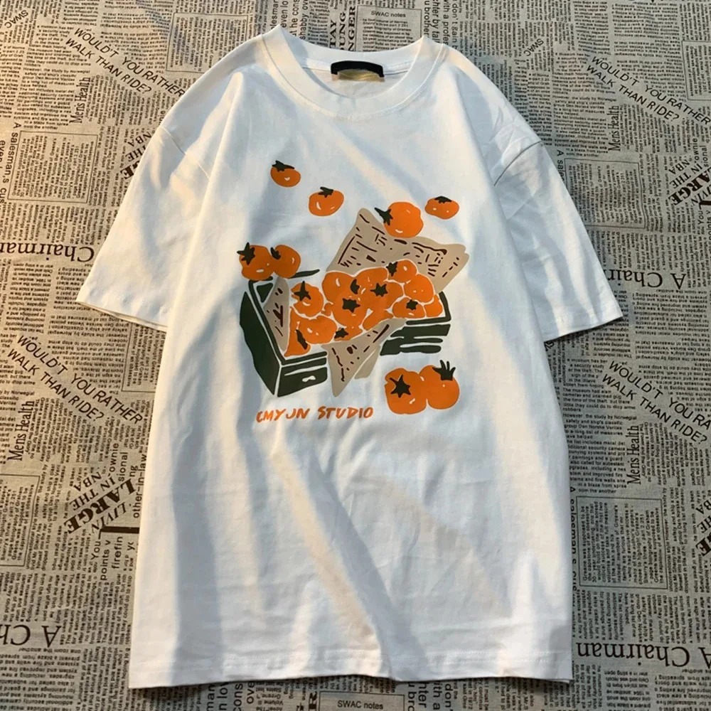 Japanese Style Persimmon Graphic T-Shirt Cute Fruit Illustration Short Sleeve Tee White Casual Summer Top Men Women Streetwear