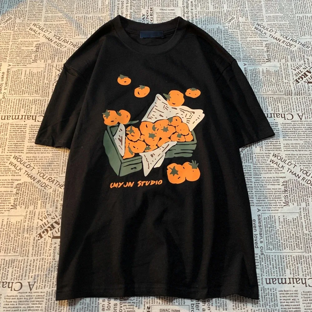 Japanese Style Persimmon Graphic T-Shirt Cute Fruit Illustration Short Sleeve Tee White Casual Summer Top Men Women Streetwear