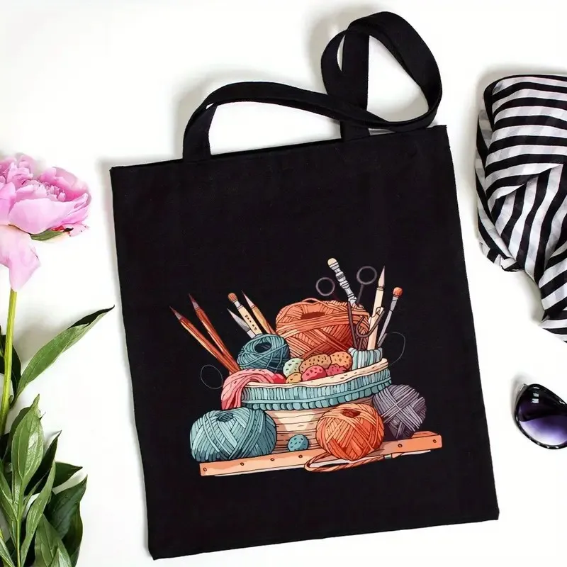 Cute Knitting Basket Canvas Tote Bag Women Yarn Ball Graphic Shopper Bag Crochet Lover Gift Daily Shoulder Handbag Apparel