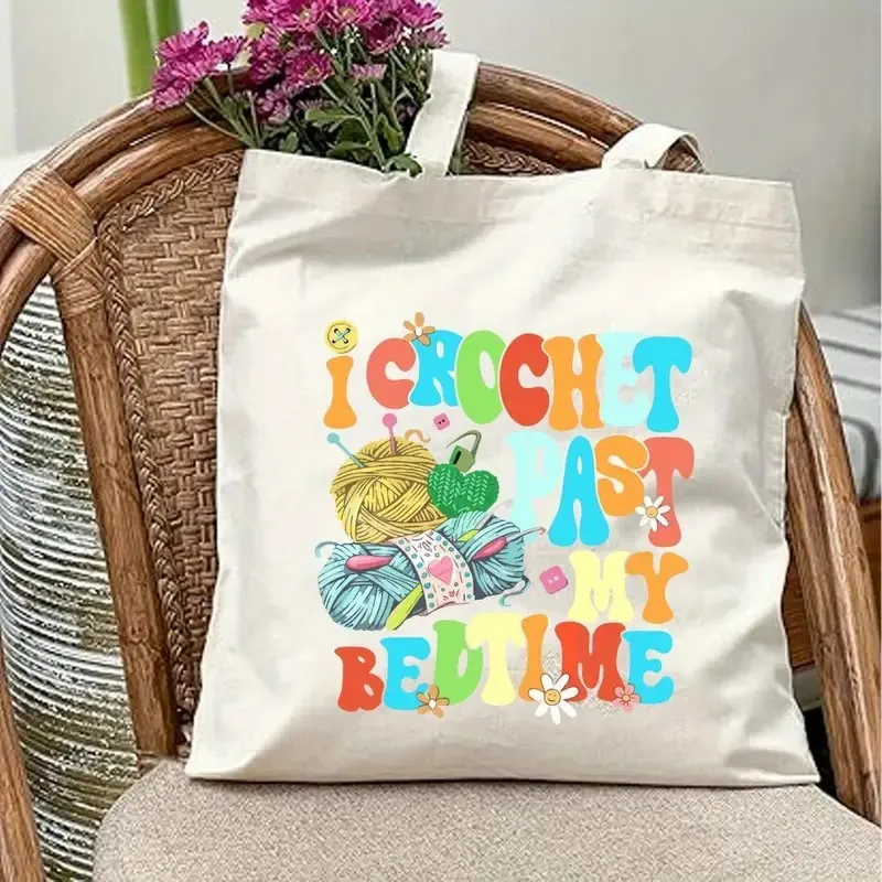 Cute Knitting Basket Canvas Tote Bag Women Yarn Ball Graphic Shopper Bag Crochet Lover Gift Daily Shoulder Handbag Apparel
