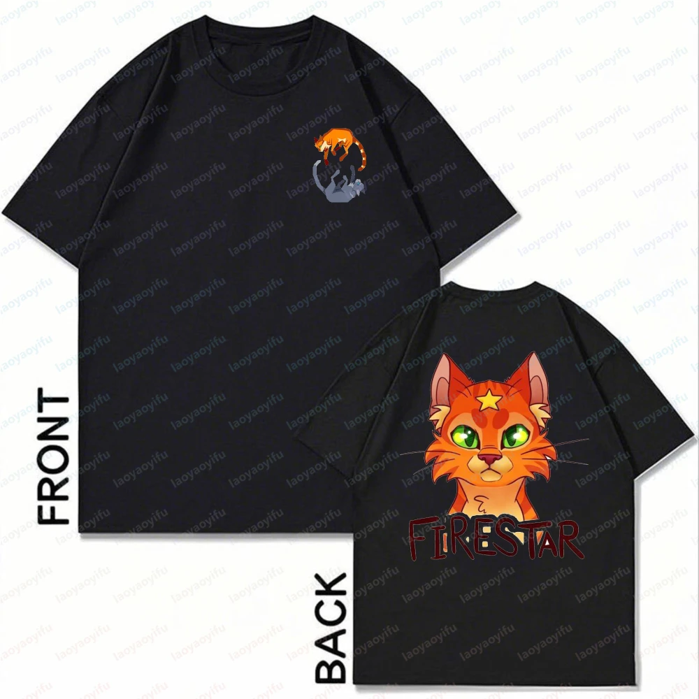 Firestar Cat Warrior Front and Back Print Unisex Cotton T-Shirt Cute Anime Character Tees Fantasy Novels Fans of Warrior Cats