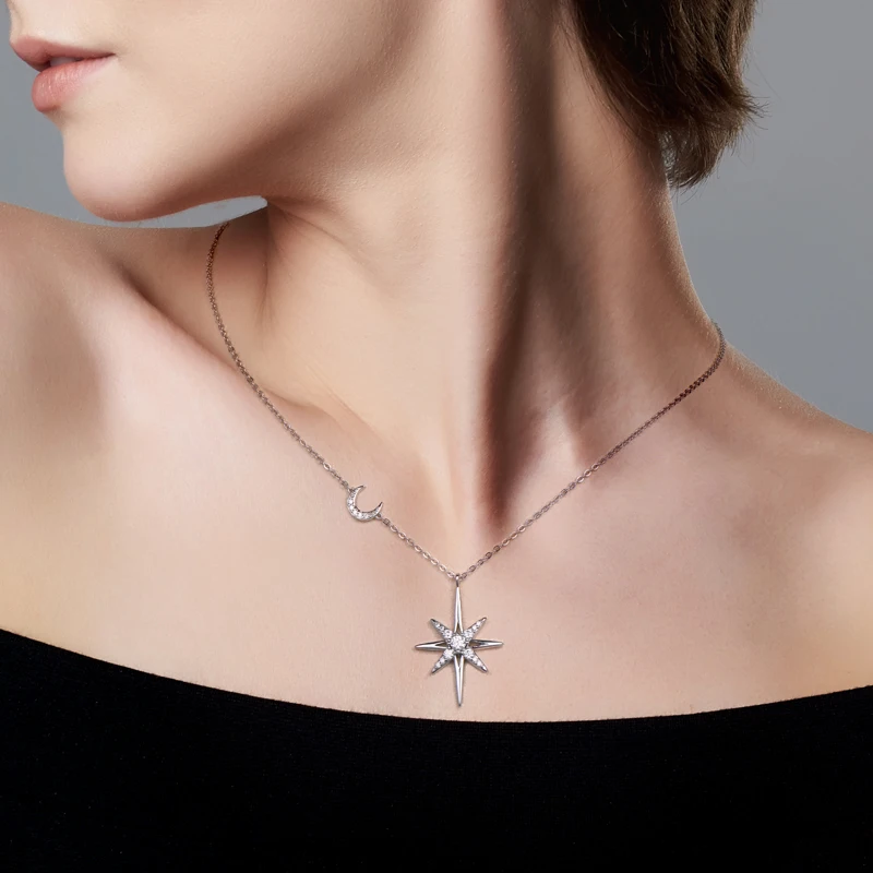 OXTAO Real Moissanite Charm Necklace 3mm D Color VVS1 Lab Imitation Diamond 14K Gold Filled Star Moon Pendant Necklace Jewelry