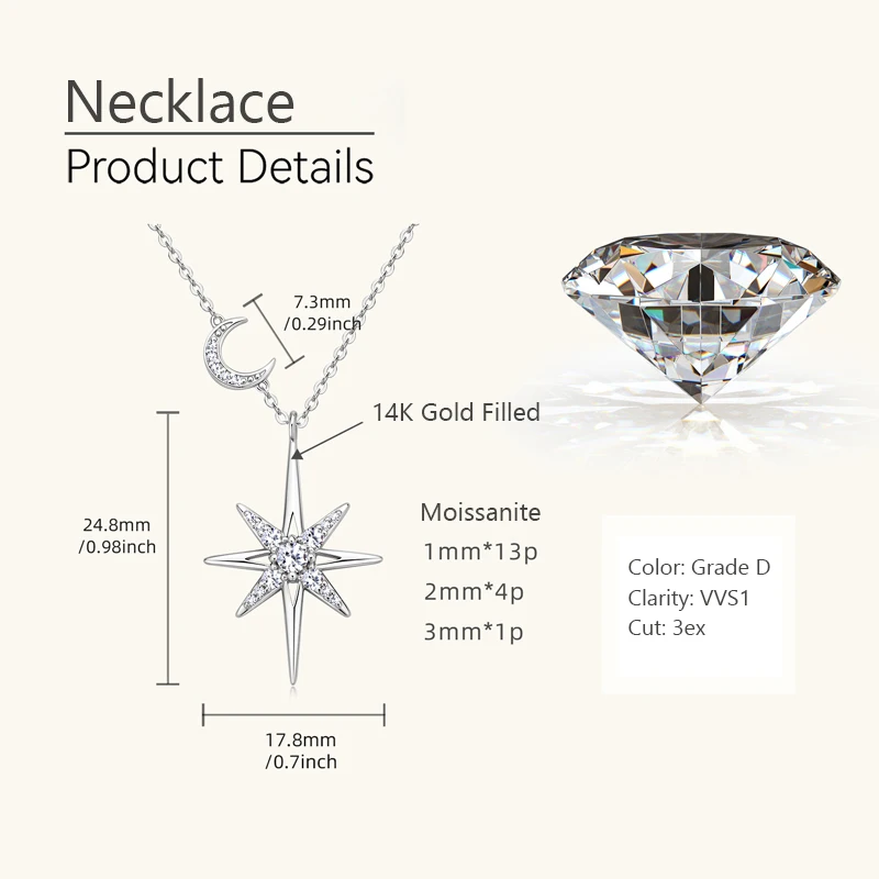 OXTAO Real Moissanite Charm Necklace 3mm D Color VVS1 Lab Imitation Diamond 14K Gold Filled Star Moon Pendant Necklace Jewelry