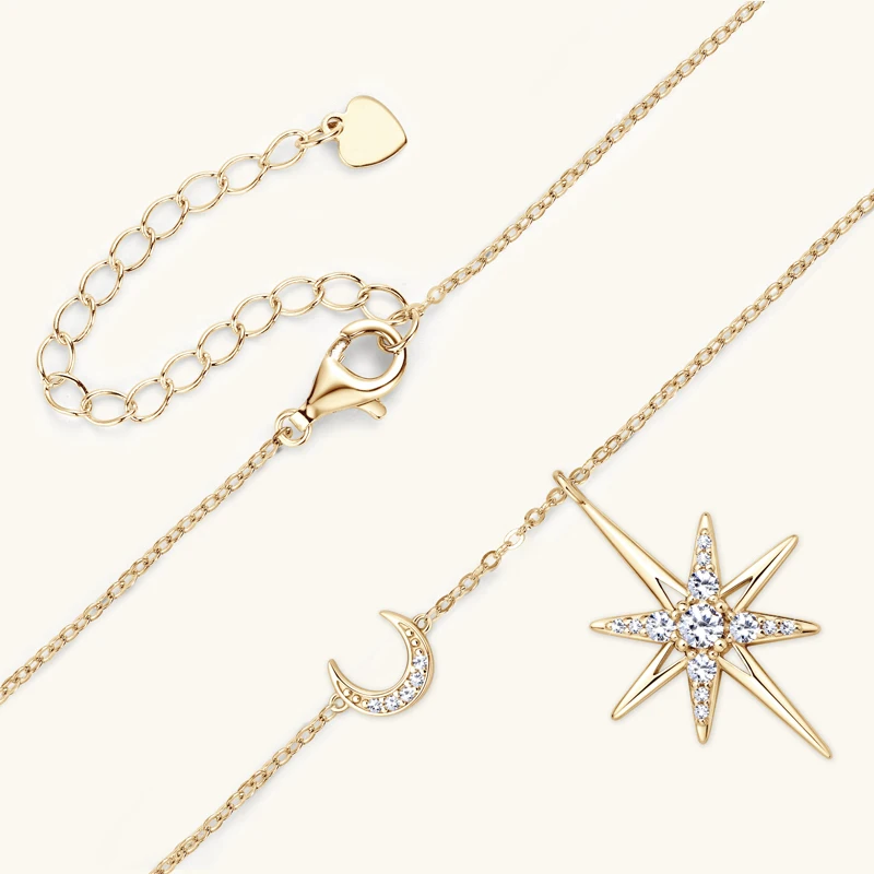 OXTAO Real Moissanite Charm Necklace 3mm D Color VVS1 Lab Imitation Diamond 14K Gold Filled Star Moon Pendant Necklace Jewelry