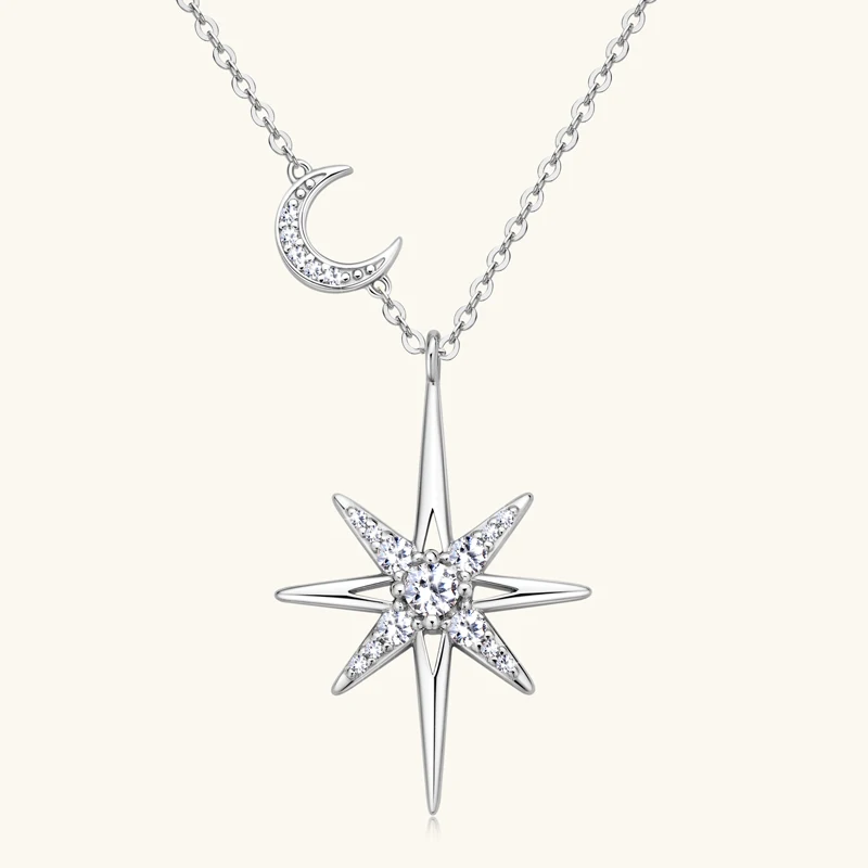 OXTAO Real Moissanite Charm Necklace 3mm D Color VVS1 Lab Imitation Diamond 14K Gold Filled Star Moon Pendant Necklace Jewelry