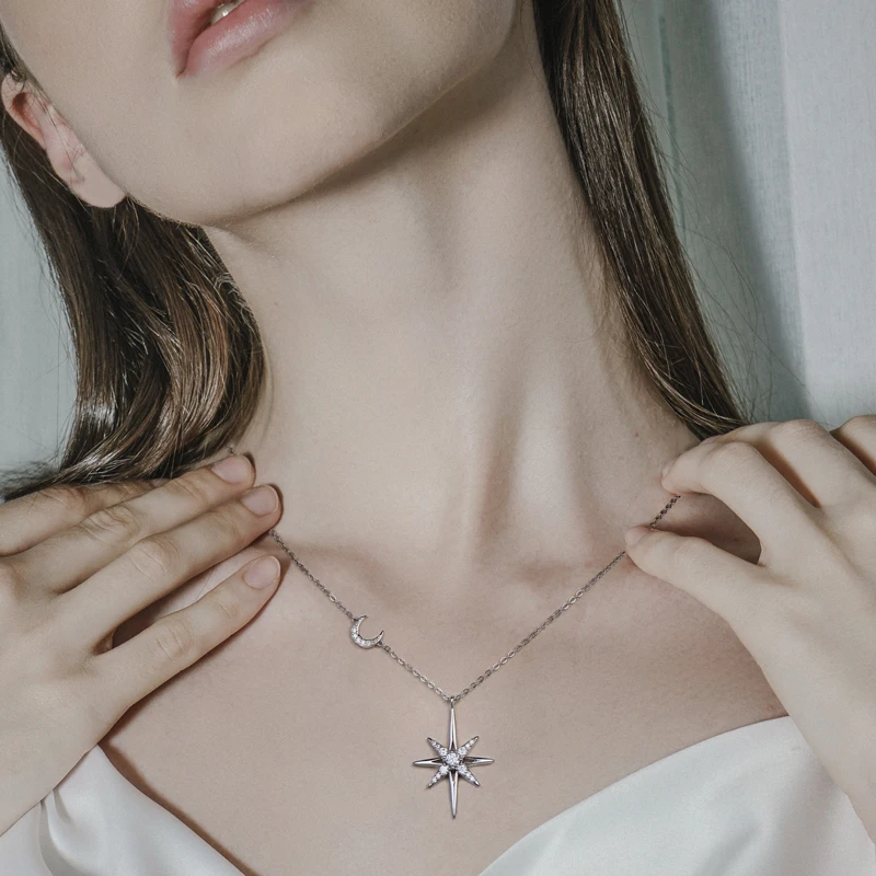 OXTAO Real Moissanite Charm Necklace 3mm D Color VVS1 Lab Imitation Diamond 14K Gold Filled Star Moon Pendant Necklace Jewelry