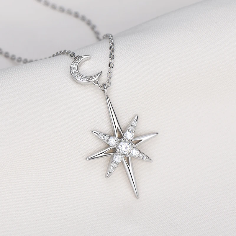 OXTAO Real Moissanite Charm Necklace 3mm D Color VVS1 Lab Imitation Diamond 14K Gold Filled Star Moon Pendant Necklace Jewelry