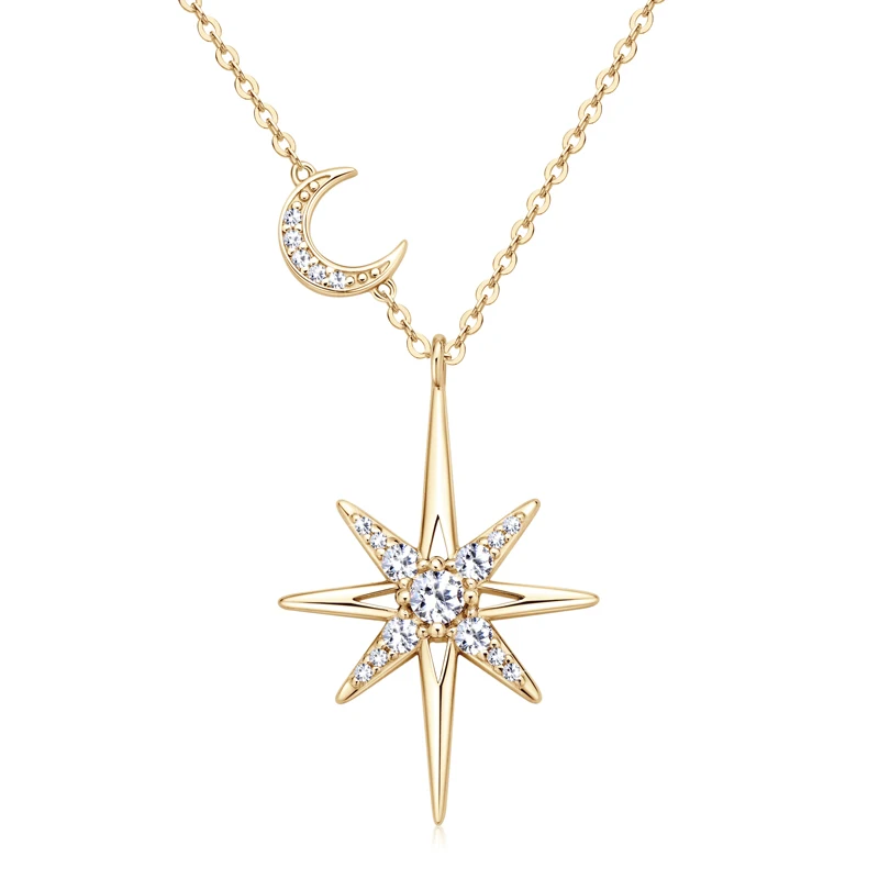 OXTAO Real Moissanite Charm Necklace 3mm D Color VVS1 Lab Imitation Diamond 14K Gold Filled Star Moon Pendant Necklace Jewelry