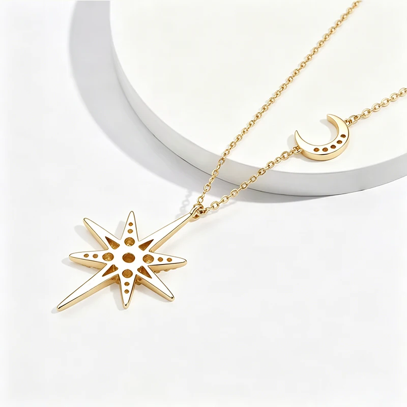 OXTAO Real Moissanite Charm Necklace 3mm D Color VVS1 Lab Imitation Diamond 14K Gold Filled Star Moon Pendant Necklace Jewelry