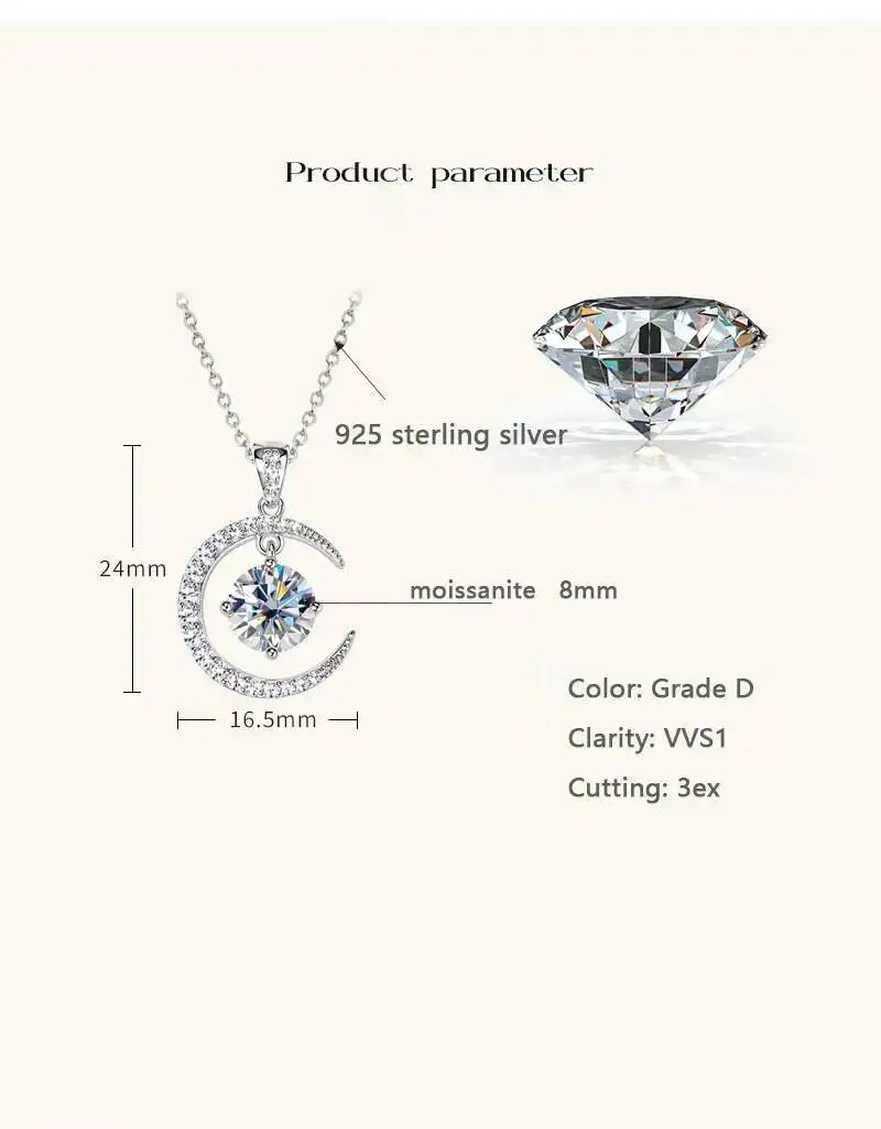 2CT D Color Moissanite Star Moon Pendant Necklace For Women 925 Sterling Silver Luxury Sparkling Jewelry Party Gift