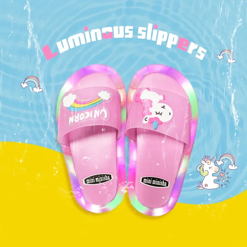 Lighted Cute Unisex Children Slippers Cartoon Unicorn Animals Prints Fashion Shoes Bathroom Kids Boys Girls Toddler Slippers