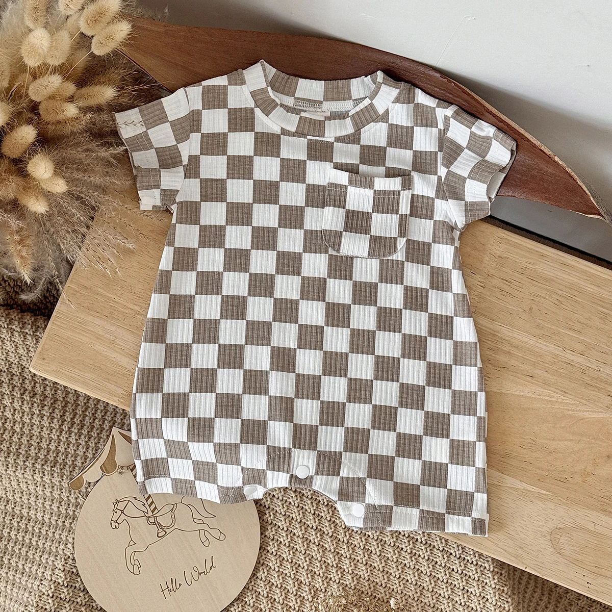 Newborn Baby Bubble Romper Short Sleeve Bodysuits Summer Casual Checkerboard Print Cute Baby Clothes for Infants