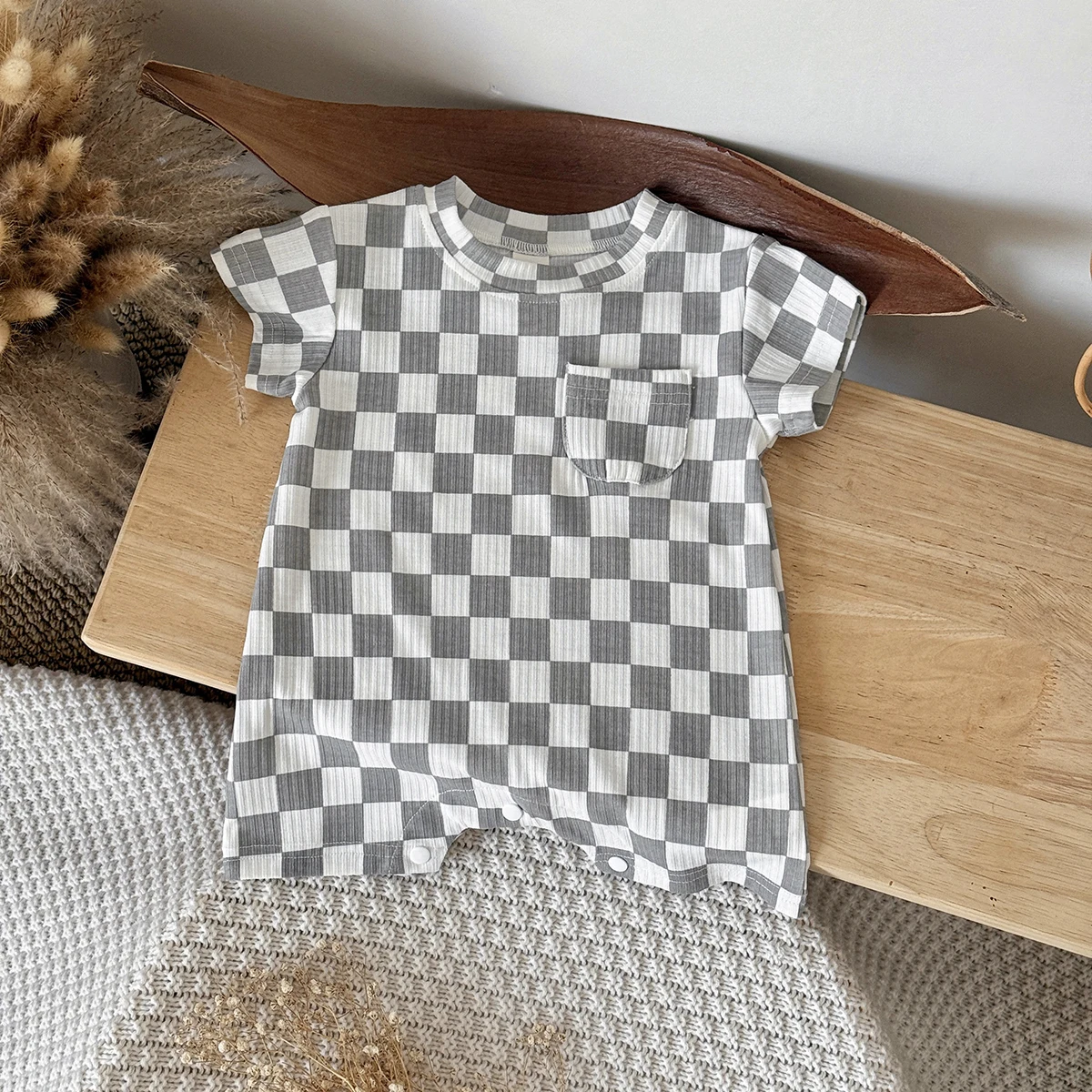 Newborn Baby Bubble Romper Short Sleeve Bodysuits Summer Casual Checkerboard Print Cute Baby Clothes for Infants