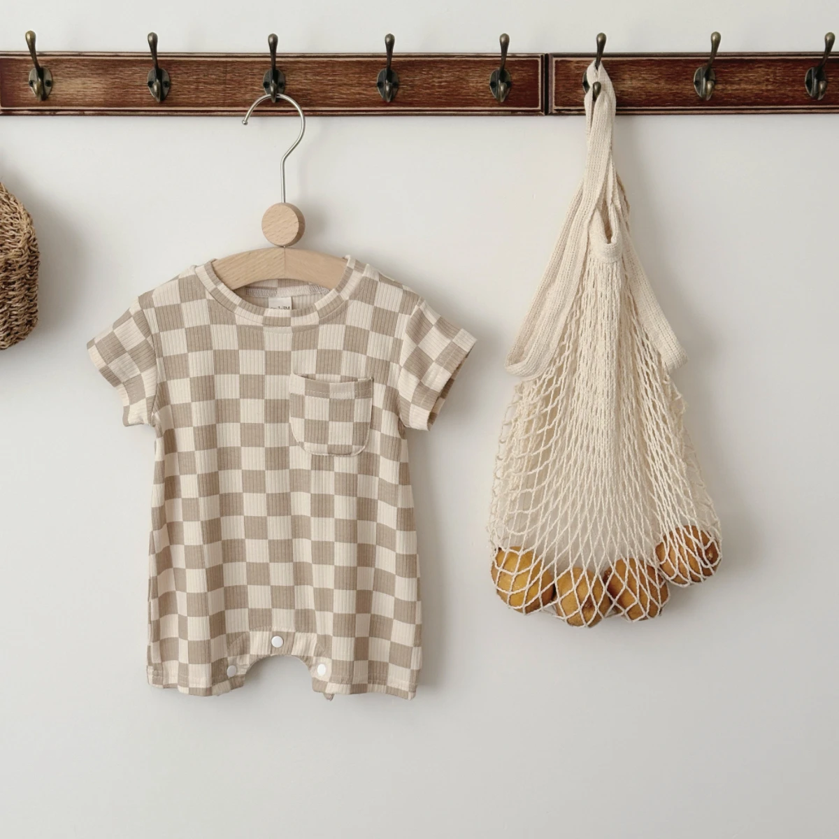 Newborn Baby Bubble Romper Short Sleeve Bodysuits Summer Casual Checkerboard Print Cute Baby Clothes for Infants