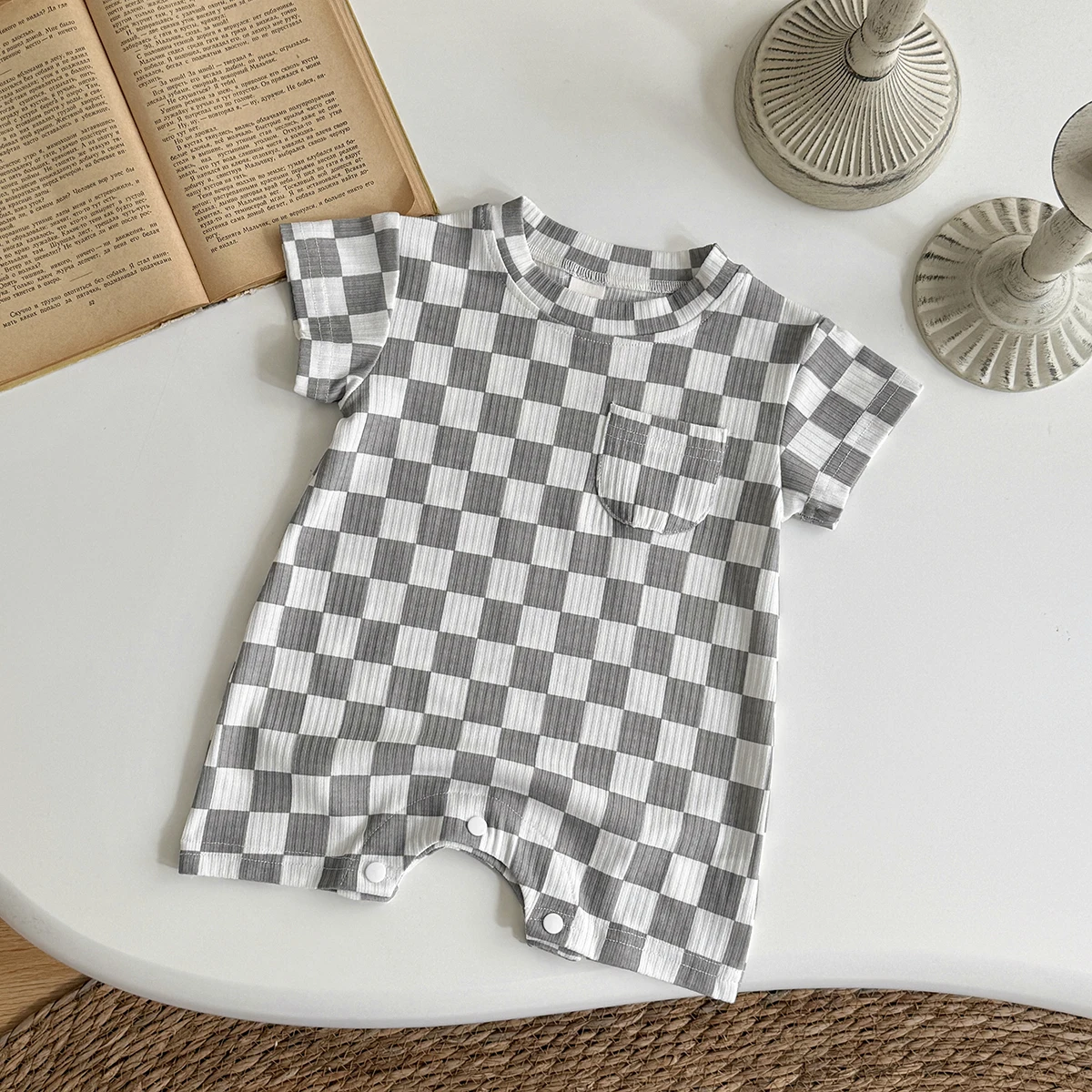 Newborn Baby Bubble Romper Short Sleeve Bodysuits Summer Casual Checkerboard Print Cute Baby Clothes for Infants