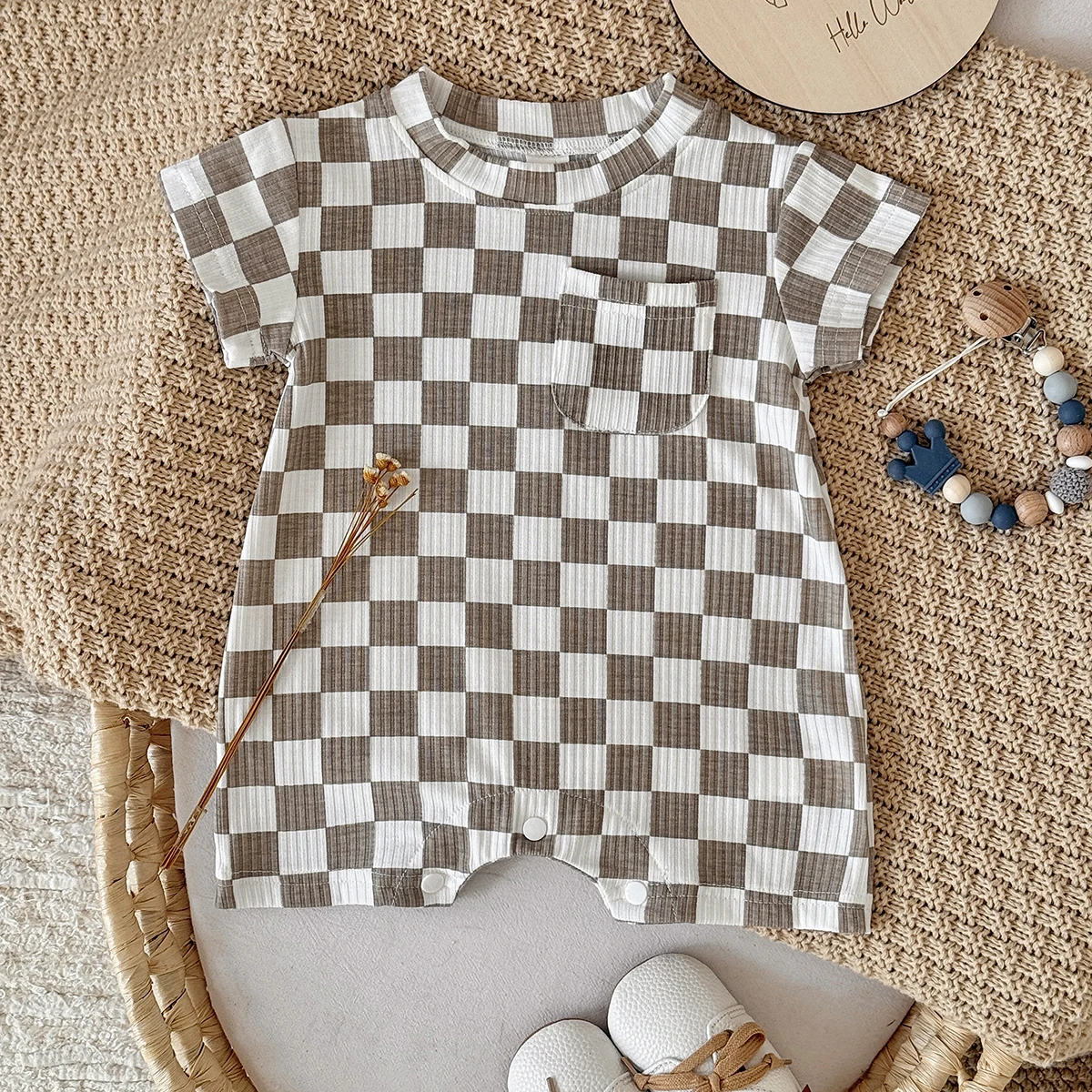 Newborn Baby Bubble Romper Short Sleeve Bodysuits Summer Casual Checkerboard Print Cute Baby Clothes for Infants