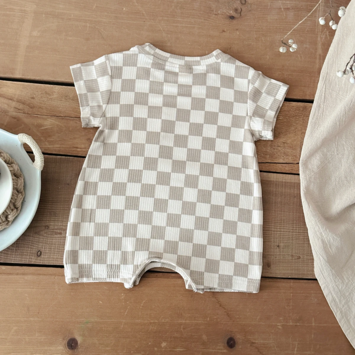 Newborn Baby Bubble Romper Short Sleeve Bodysuits Summer Casual Checkerboard Print Cute Baby Clothes for Infants