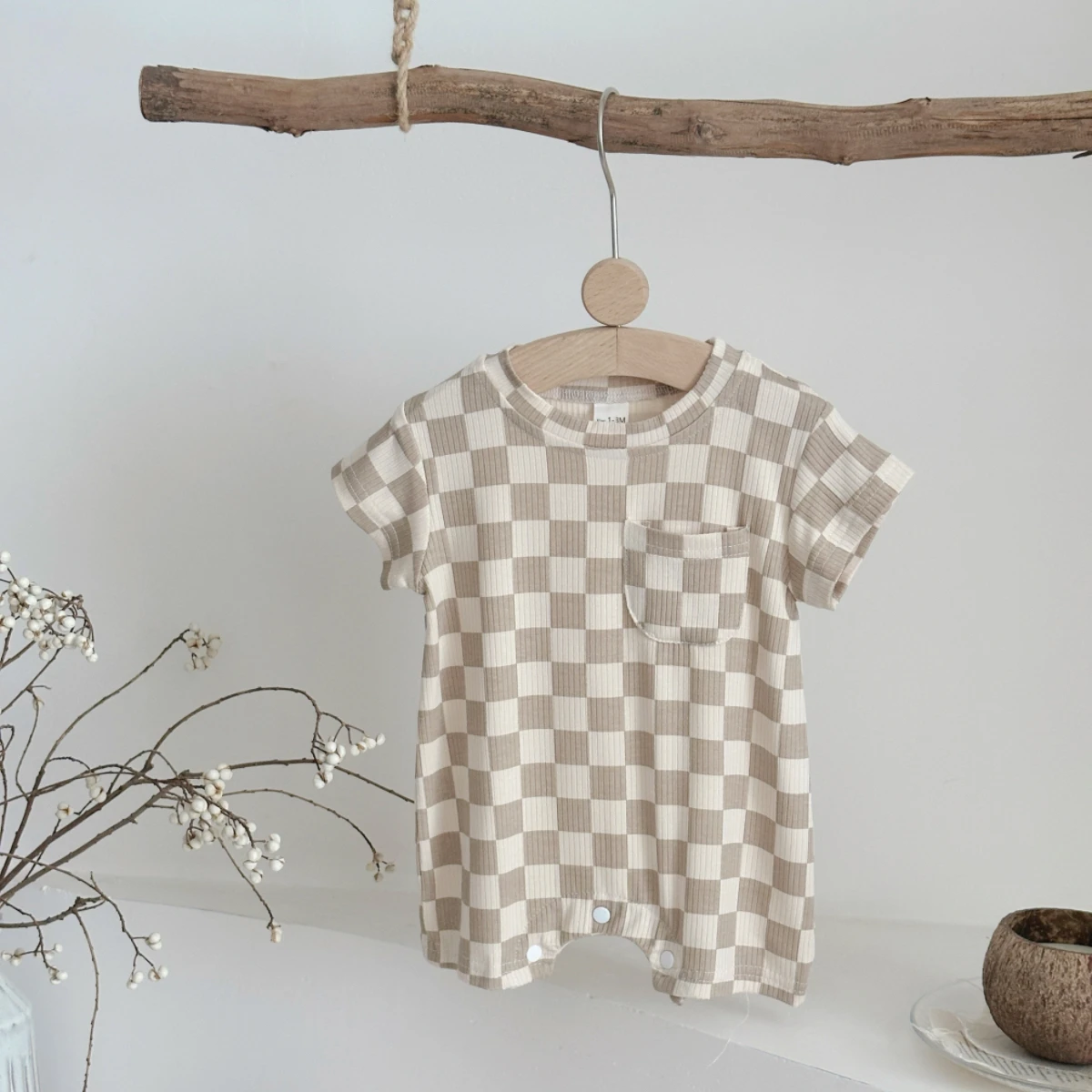 Newborn Baby Bubble Romper Short Sleeve Bodysuits Summer Casual Checkerboard Print Cute Baby Clothes for Infants