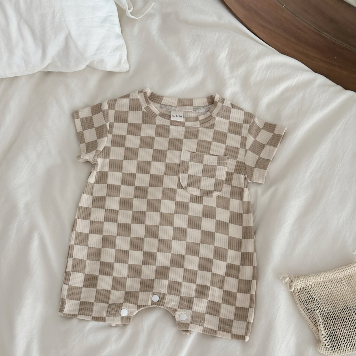 Newborn Baby Bubble Romper Short Sleeve Bodysuits Summer Casual Checkerboard Print Cute Baby Clothes for Infants