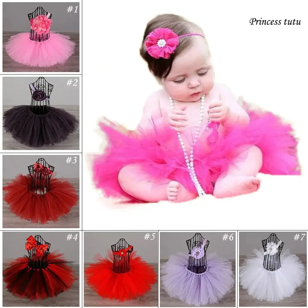 Girls Red Tulle Tutu Skirts Kids Dance Pettiskirts with Flower Hairbow Set Children Birthday Christmas Costumes Party Cloth