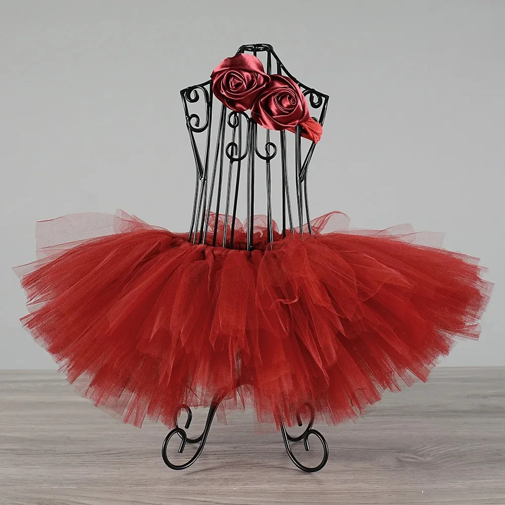 Girls Red Tulle Tutu Skirts Kids Dance Pettiskirts with Flower Hairbow Set Children Birthday Christmas Costumes Party Cloth