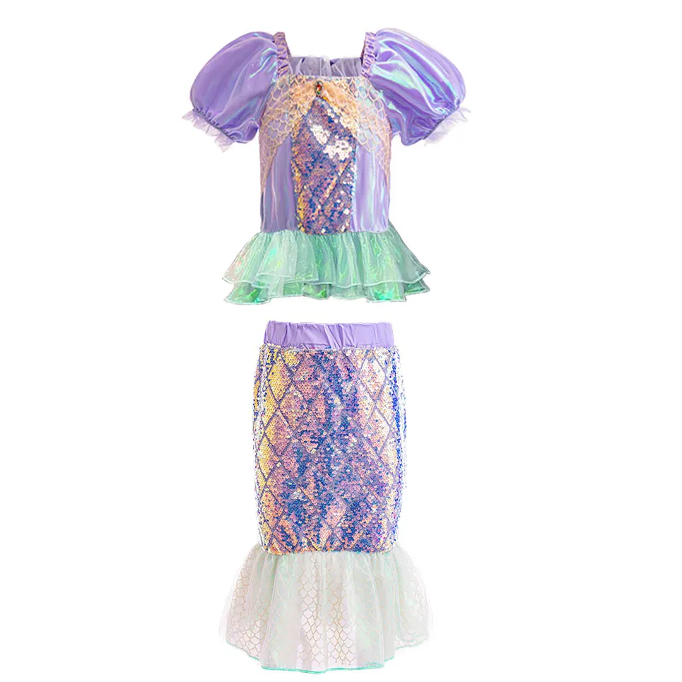 Summer Kids Mermaid Tail Costume Fancy Dress Sparkly Purple Ariel Outfit for Princess Birthday Party Hallowen Carnival Cosplay