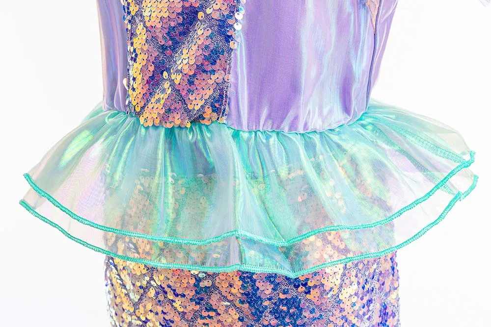 Summer Kids Mermaid Tail Costume Fancy Dress Sparkly Purple Ariel Outfit for Princess Birthday Party Hallowen Carnival Cosplay