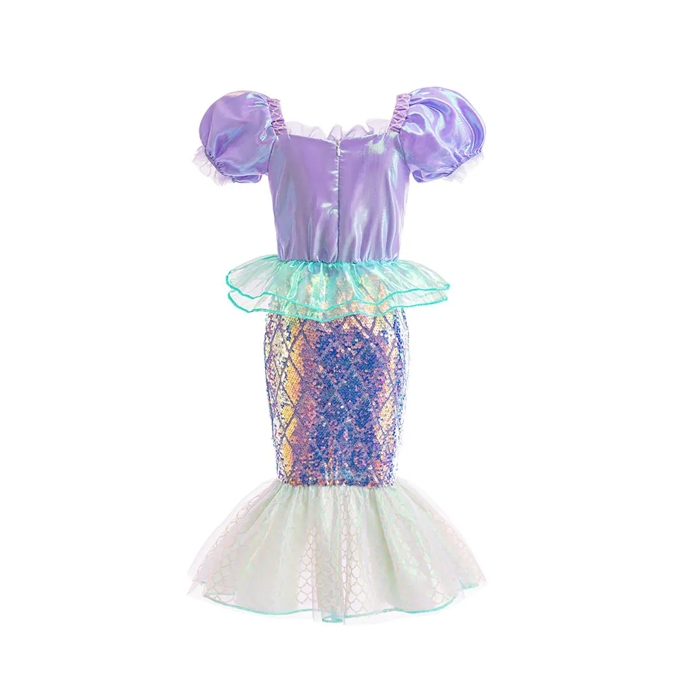 Summer Kids Mermaid Tail Costume Fancy Dress Sparkly Purple Ariel Outfit for Princess Birthday Party Hallowen Carnival Cosplay