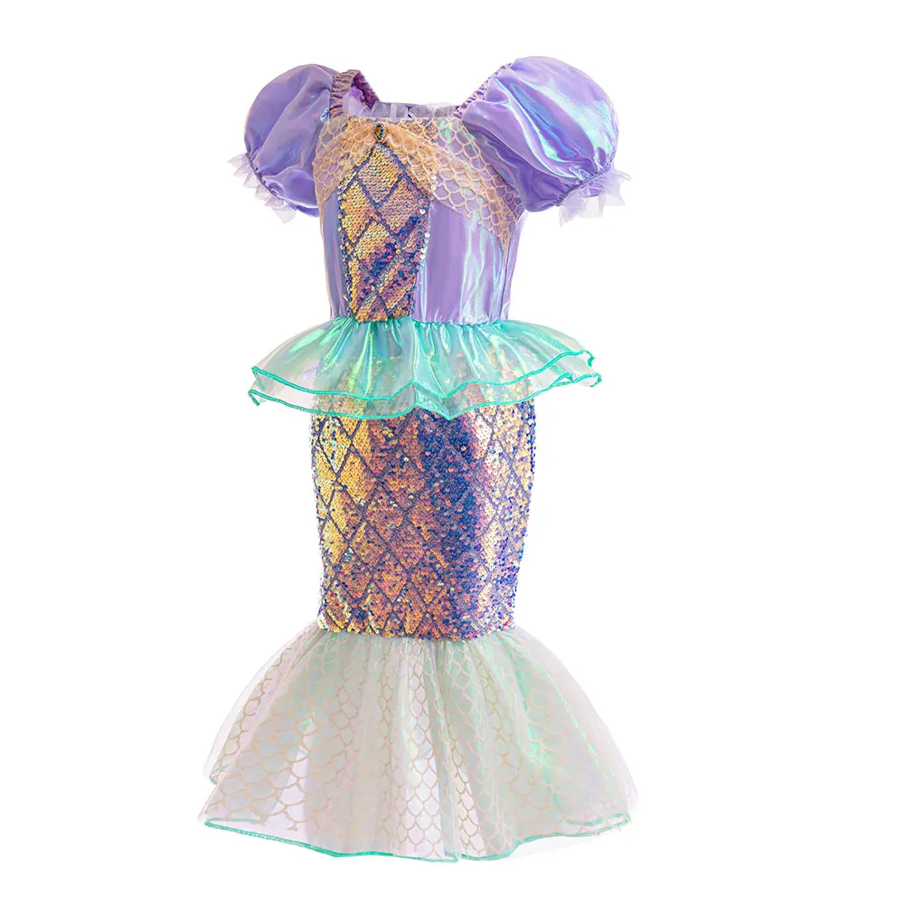 Summer Kids Mermaid Tail Costume Fancy Dress Sparkly Purple Ariel Outfit for Princess Birthday Party Hallowen Carnival Cosplay