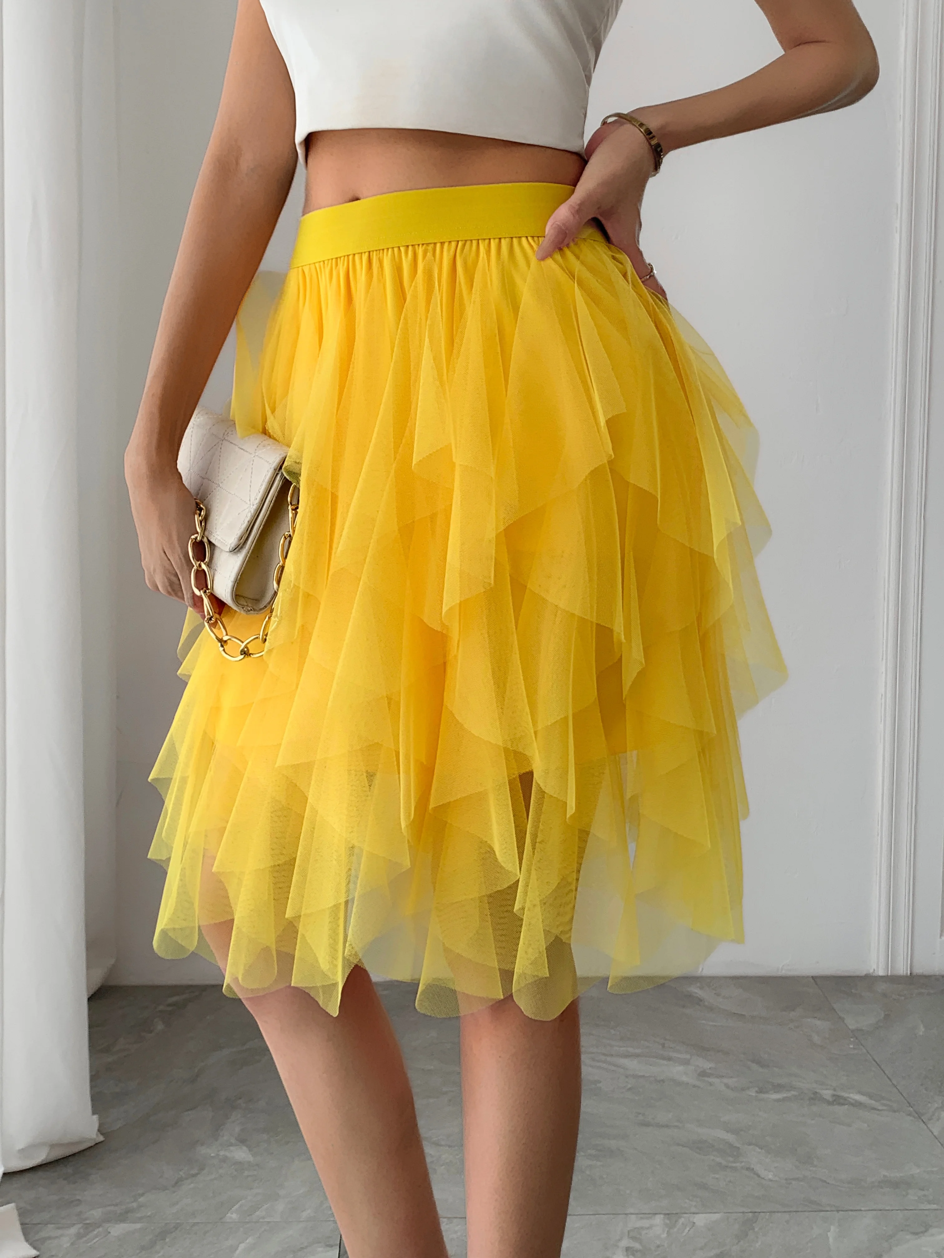 Summer style women's chiffon mid length skirt with irregular layered ruffle edge cake skirt, elegant and fairy like A-line skirt